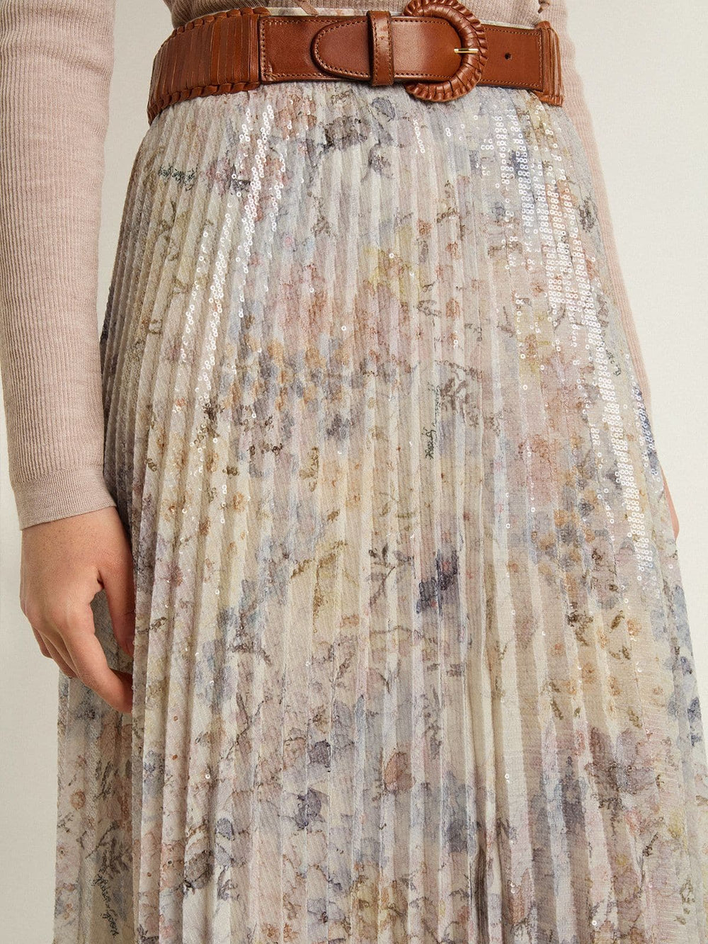 Golden Goose Women's long pleated skirt with multicolor floral sequin print
