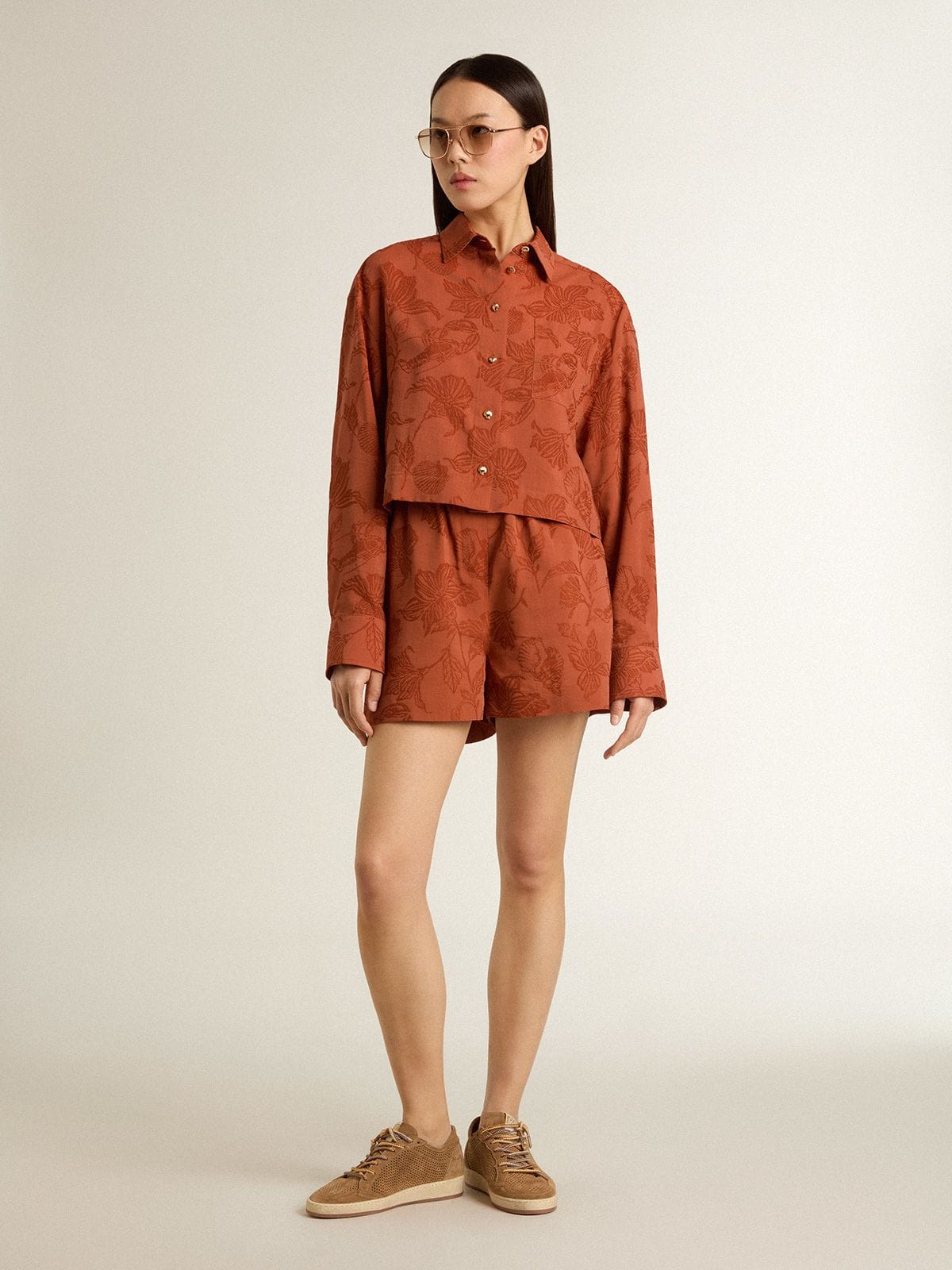 Golden Goose Women's shorts in brick-red jacquard with marine floral pattern