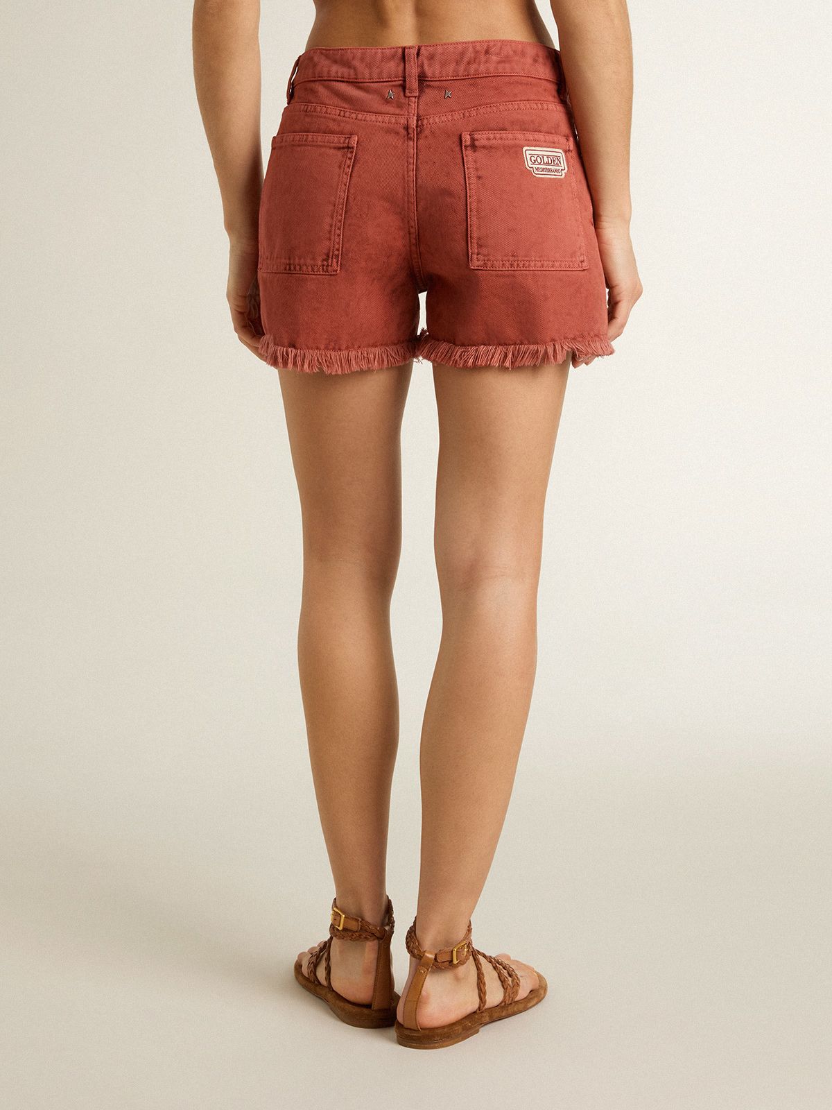 Golden Goose Women's shorts in brick-red denim with Golden Mediterraneo embroidery