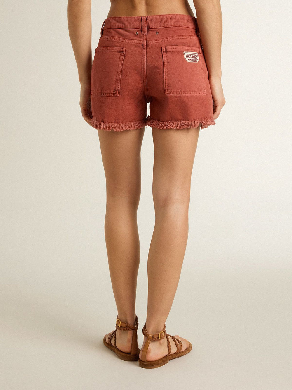 Golden Goose Women's shorts in brick-red denim with Golden Mediterraneo embroidery