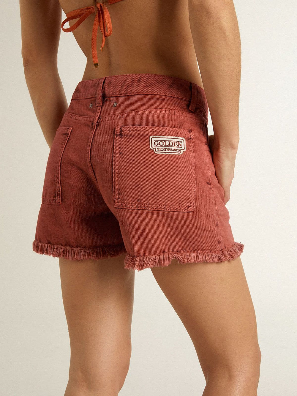 Golden Goose Women's shorts in brick-red denim with Golden Mediterraneo embroidery