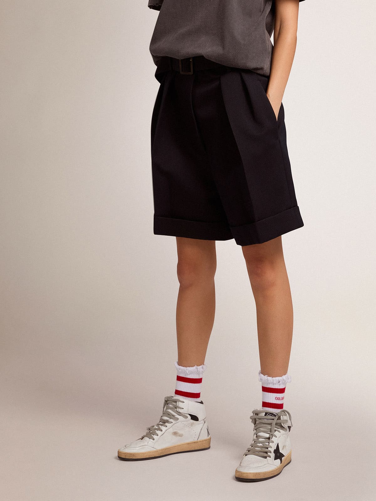Golden Goose Women's shorts in black wool gabardine with waist belt