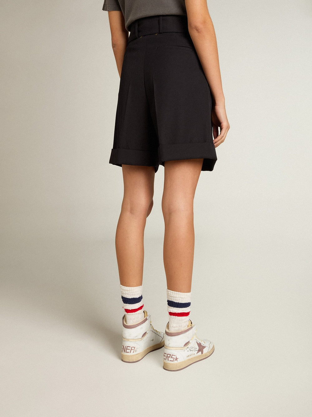 Golden Goose Women's shorts in black wool gabardine with waist belt