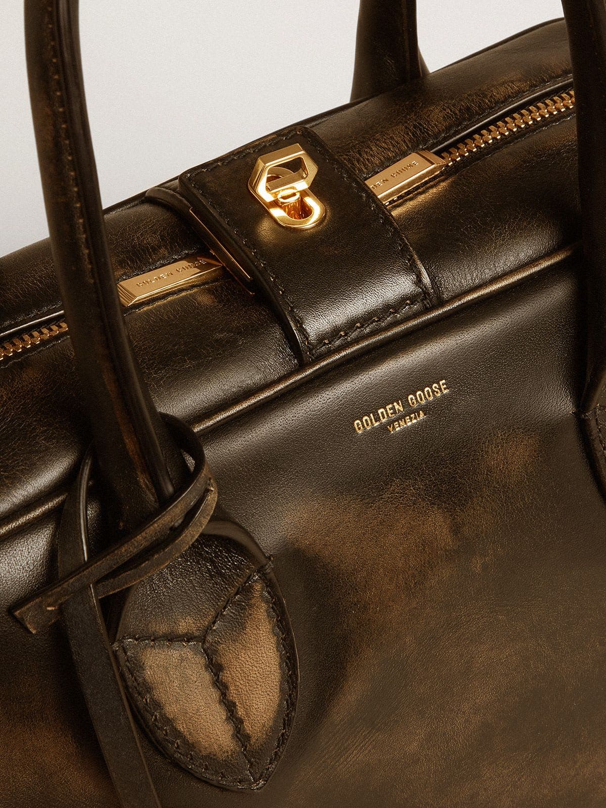 Golden Goose Vita Bag in black distressed leather with gold details