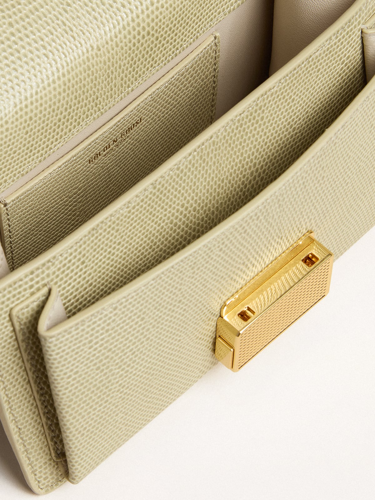 Golden Goose Small Venezia Bag in light green python-print leather with gold details