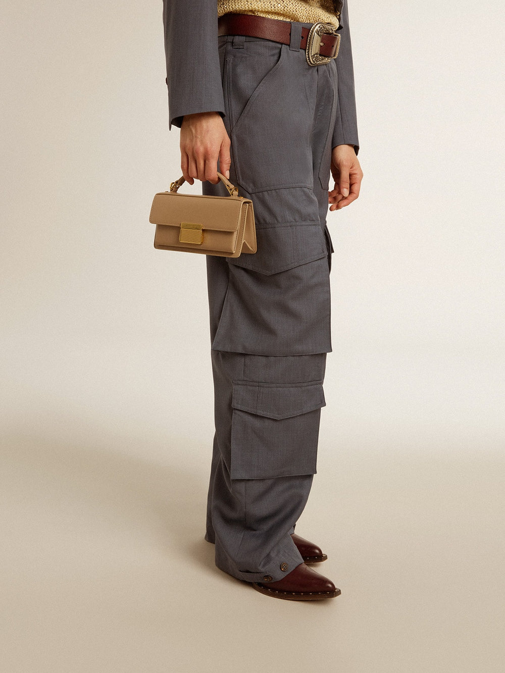 Golden Goose Small Venezia Bag in beige boarded leather with gold details