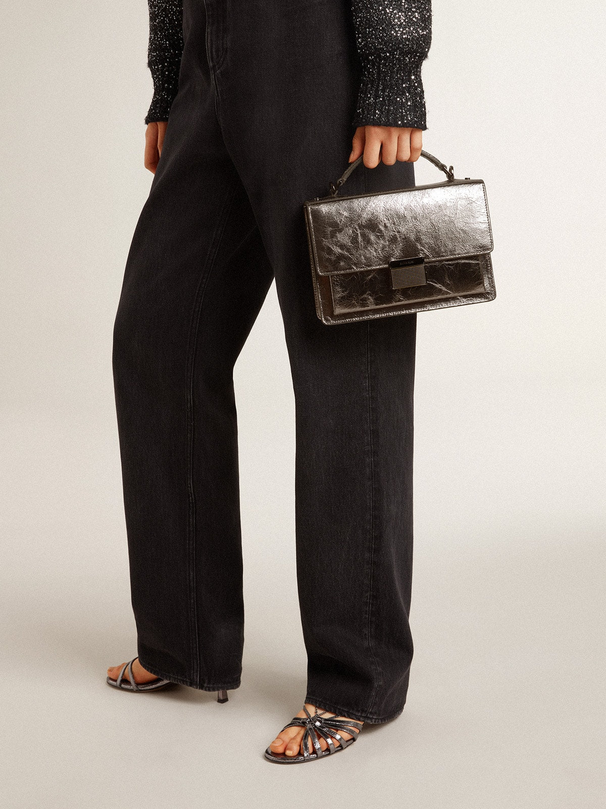 Golden Goose Venezia Bag in anthracite-gray metallic leather with black details