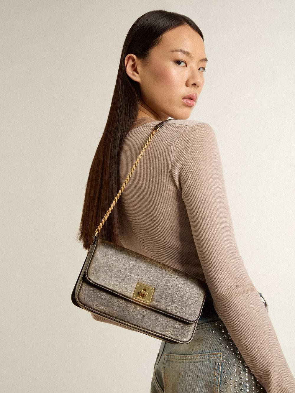 Golden Goose Gioia Bag in black vintage leather with gold details