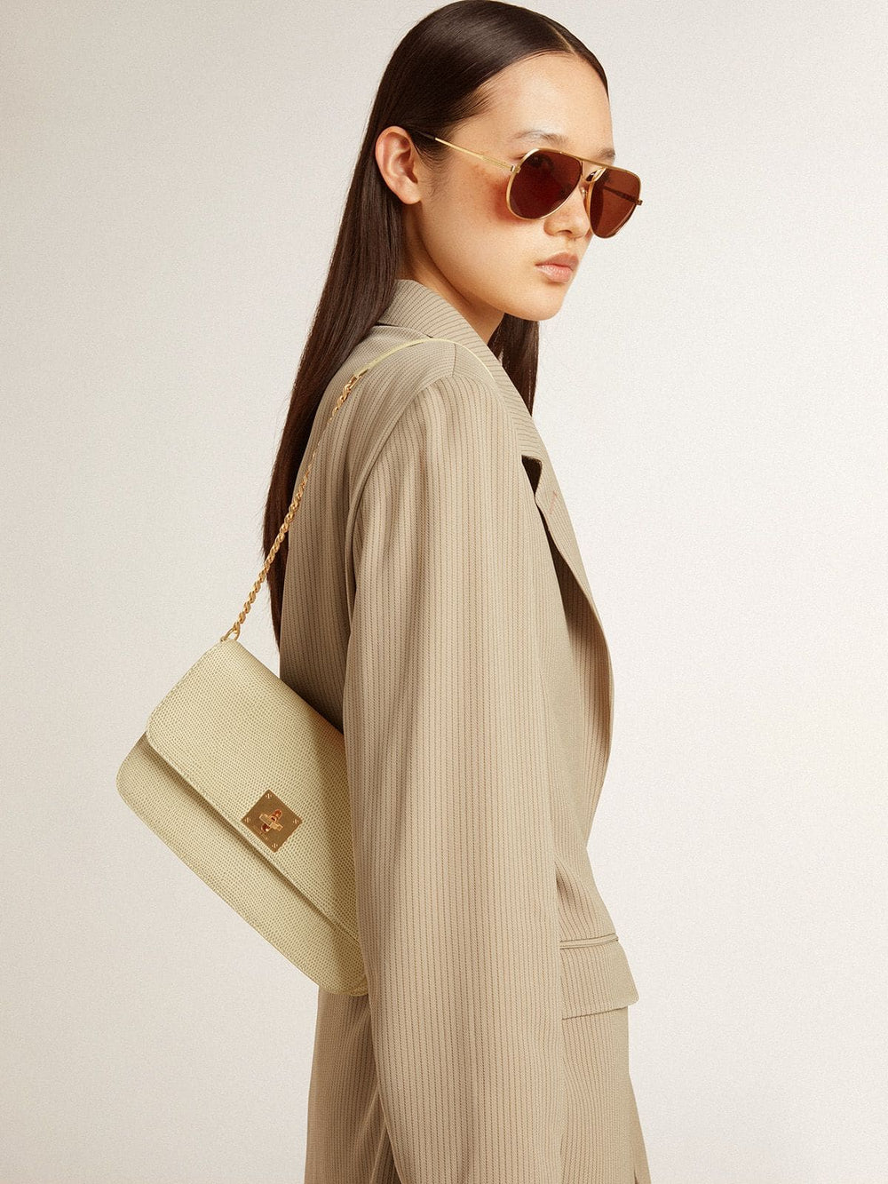 Golden Goose Gioia Bag in mineral-gray sheepskin leather with gold details