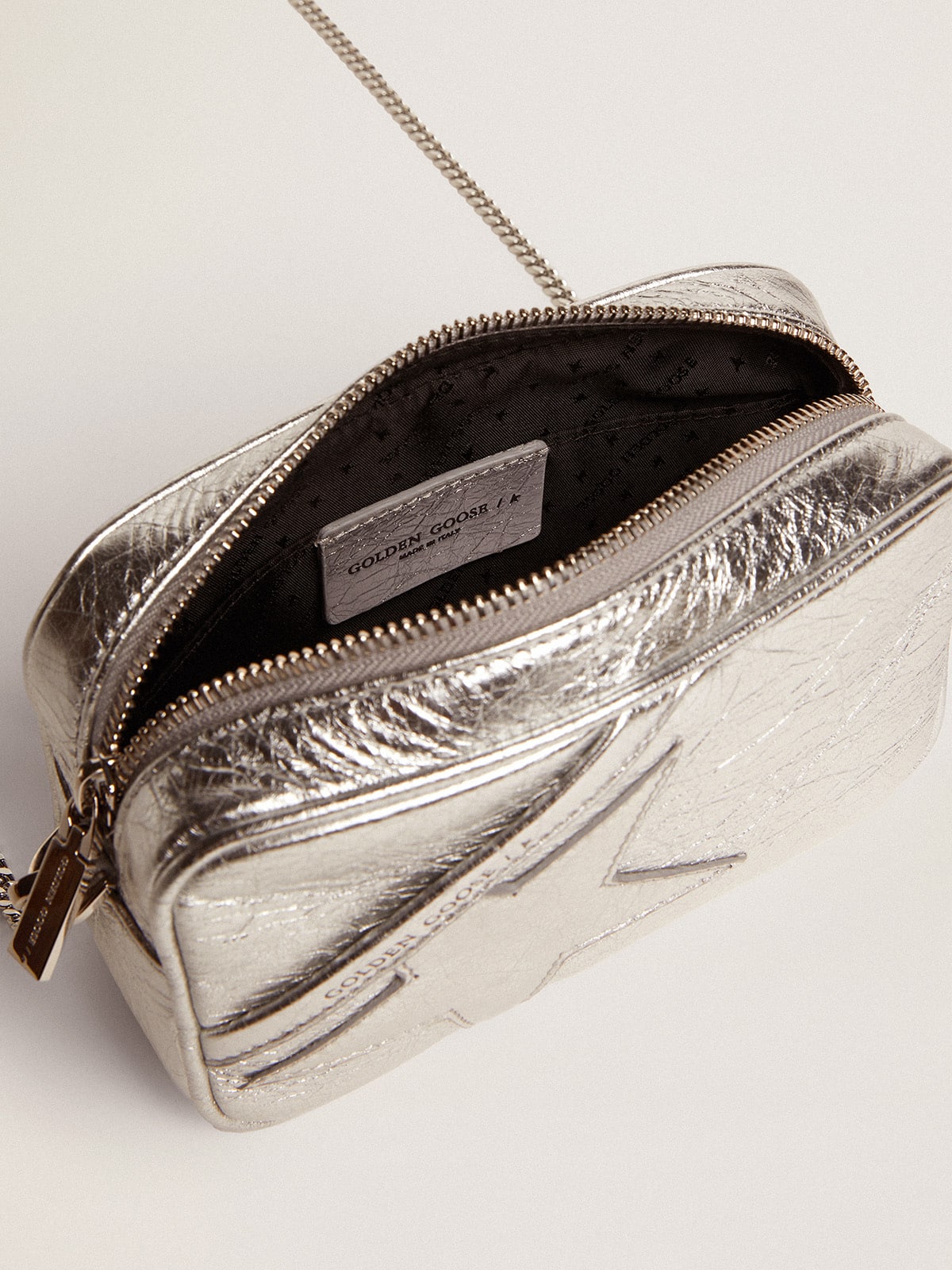 Golden Goose Women's Mini Star Bag in silver laminated leather with tone-on-tone star