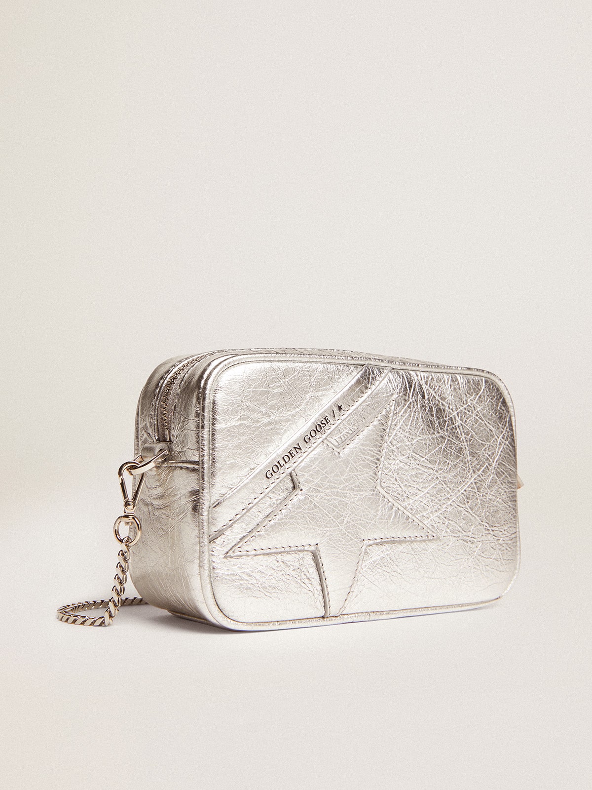 Golden Goose Women's Mini Star Bag in silver laminated leather with tone-on-tone star