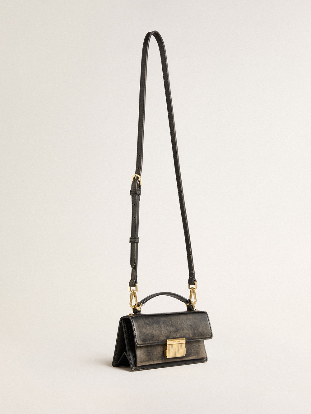 Golden Goose Small Venezia Bag in black distressed leather with gold details