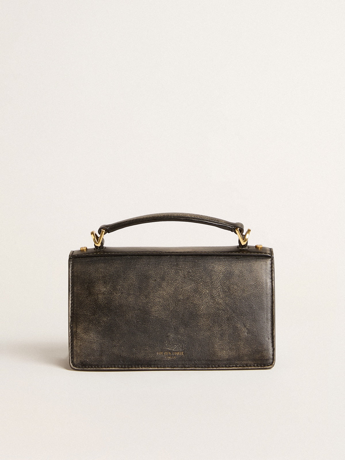 Golden Goose Small Venezia Bag in black distressed leather with gold details
