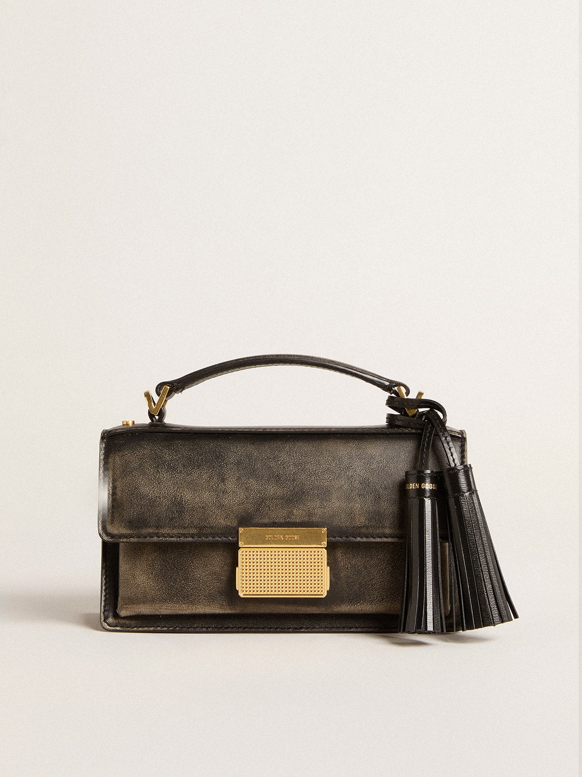 Golden Goose Small Venezia Bag in black distressed leather with gold details