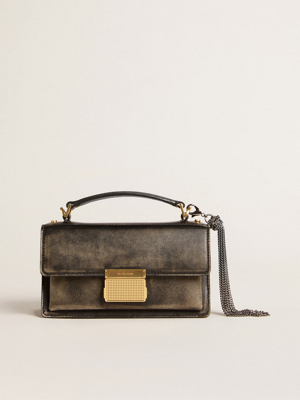 Golden Goose Small Venezia Bag in black distressed leather with gold details