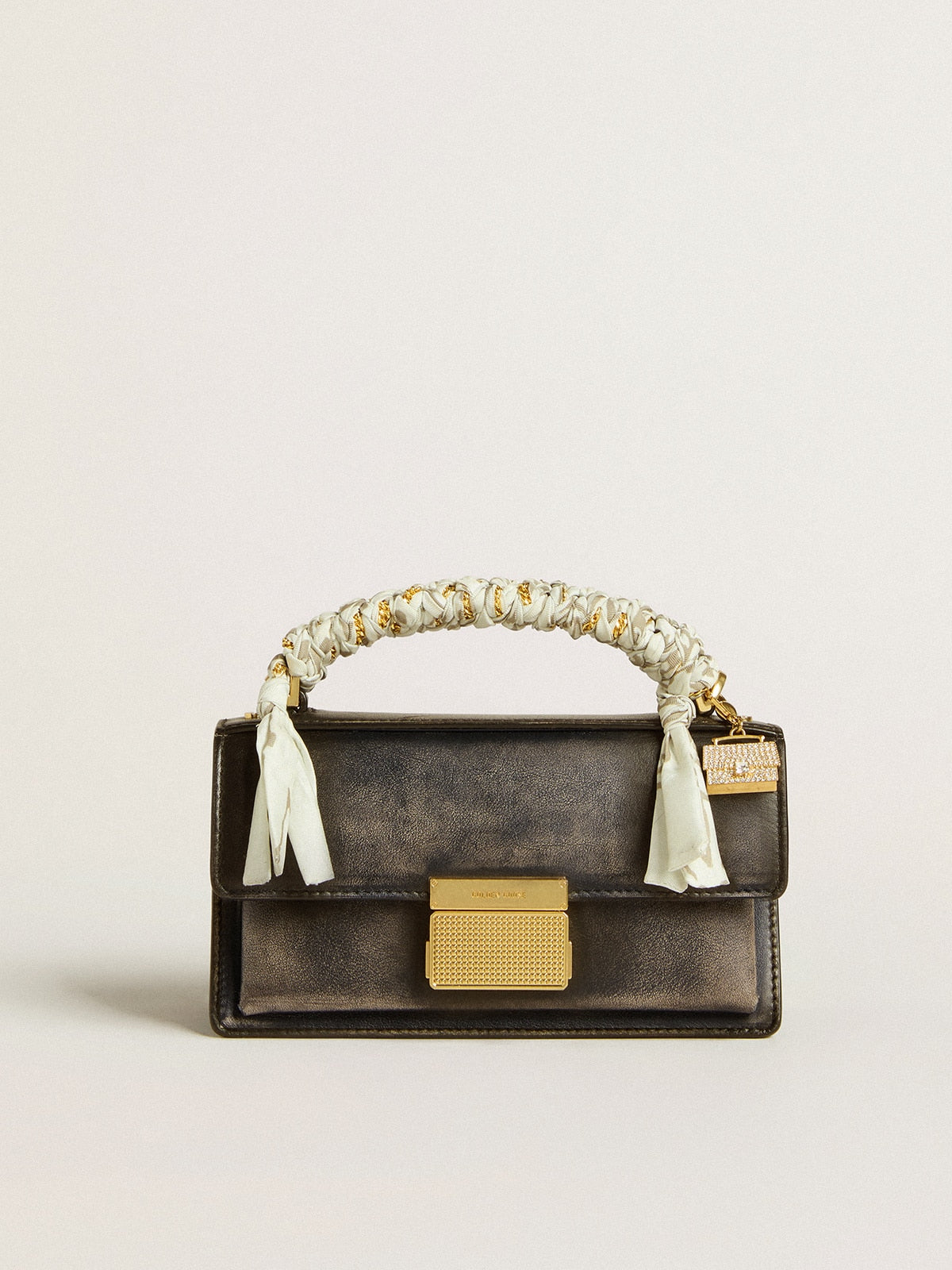 Golden Goose Small Venezia Bag in black distressed leather with gold details