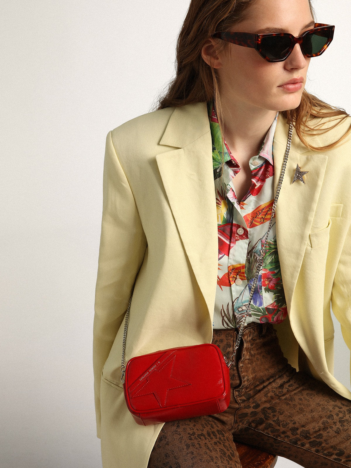 Golden Goose Women's Mini Star Bag in red painted leather with tone-on-tone star
