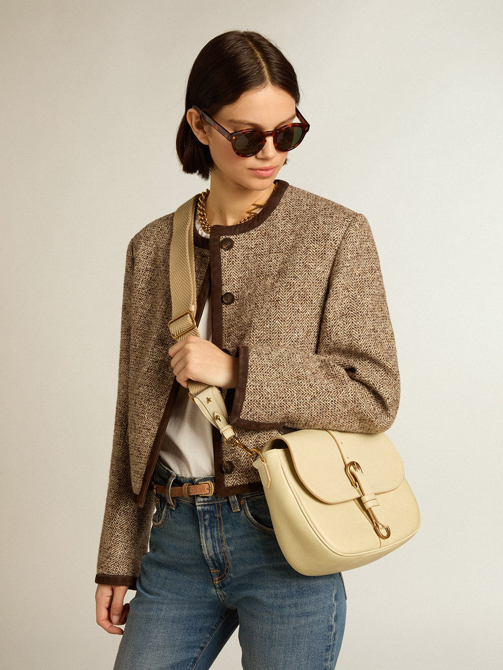 Golden Goose Medium Sally Bag in porcelain leather with buckle and contrasting shoulder strap
