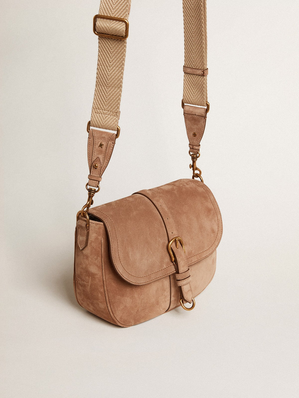 Golden Goose Medium Sally Bag in ash-colored suede with contrasting buckle and shoulder strap