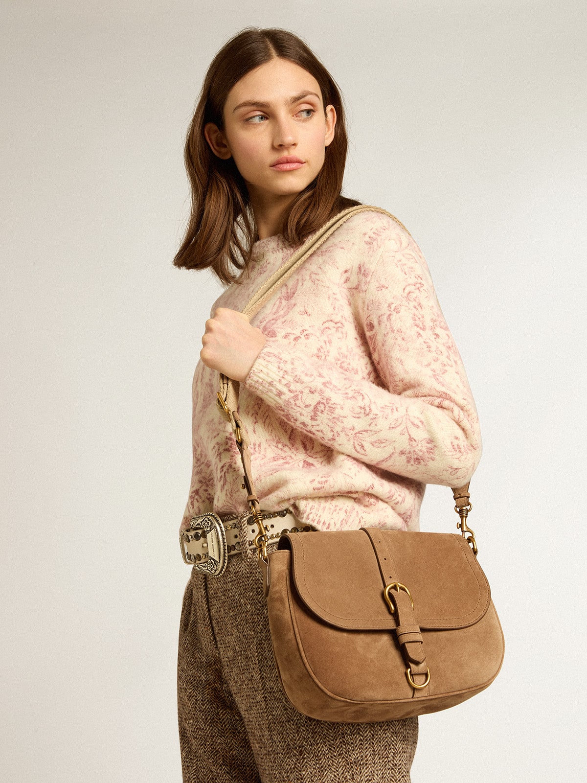Golden Goose Medium Sally Bag in ash-colored suede with contrasting buckle and shoulder strap
