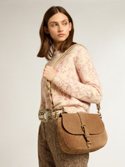 Golden Goose Medium Sally Bag in ash-colored suede with contrasting buckle and shoulder strap