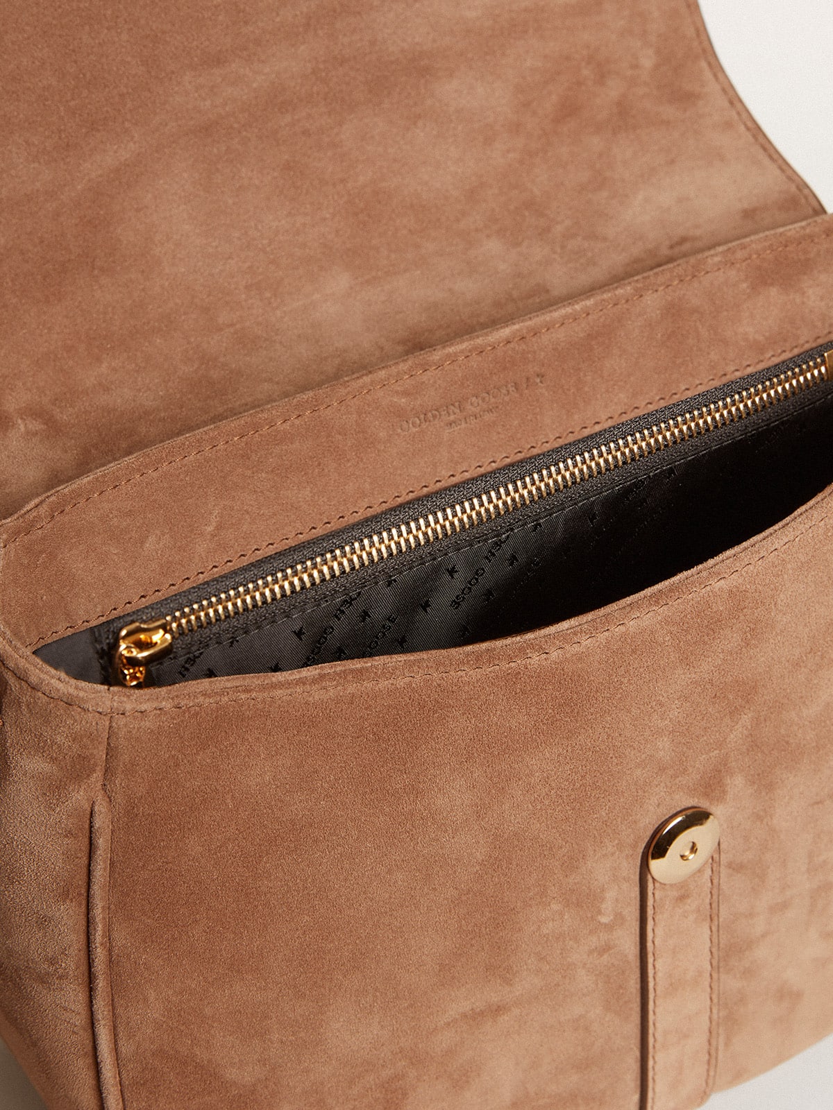 Golden Goose Medium Sally Bag in ash-colored suede with contrasting buckle and shoulder strap
