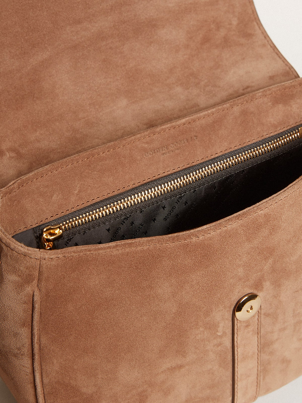 Golden Goose Medium Sally Bag in ash-colored suede with contrasting buckle and shoulder strap