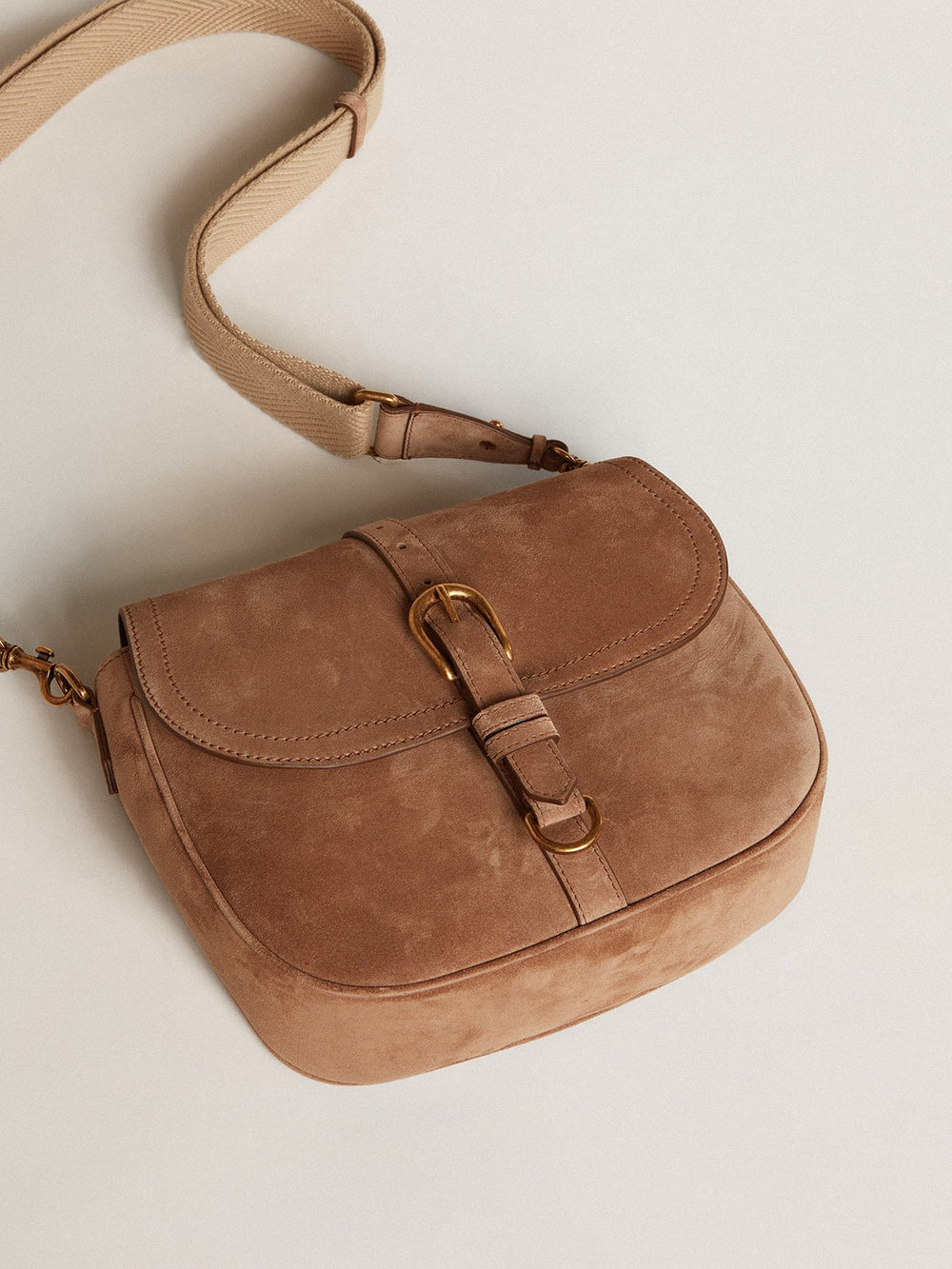 Golden Goose Medium Sally Bag in ash-colored suede with contrasting buckle and shoulder strap