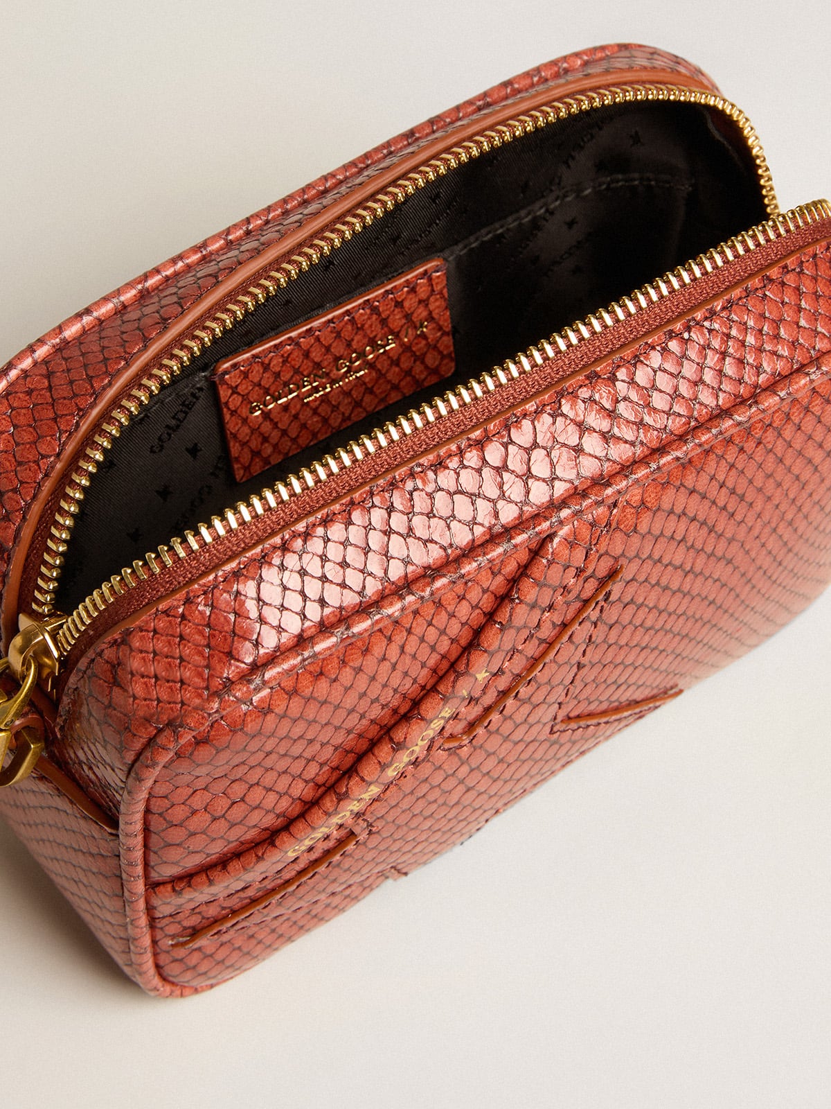 Golden Goose Mini Star Bag in rust-colored snake-print leather
