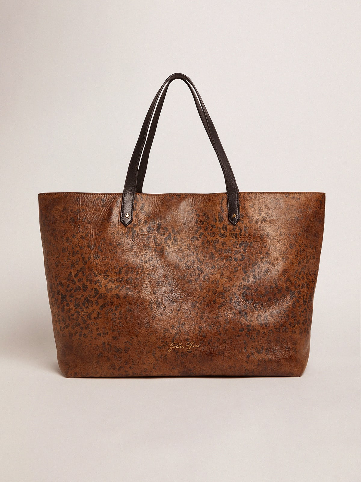 Golden Goose Pasadena Bag in hammered leather with leopard print and contrasting black handles