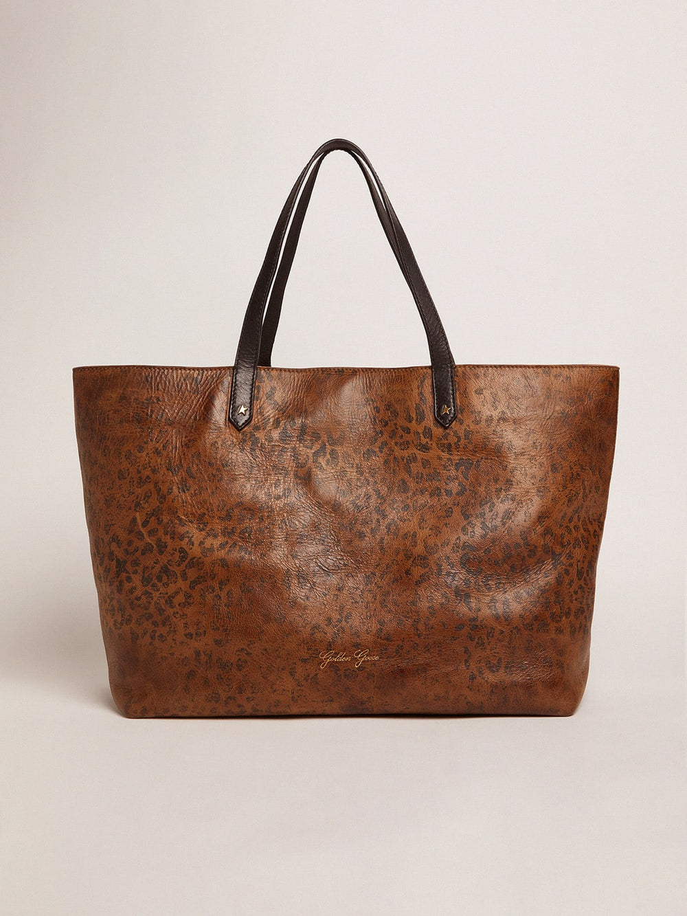 Golden Goose Pasadena Bag in hammered leather with leopard print and contrasting black handles