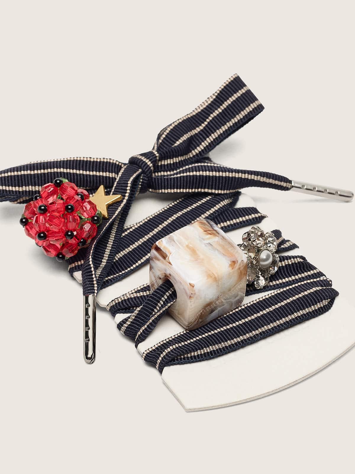 Golden Goose Skins blue and beige striped laces with raspberry, stone and crystal charms