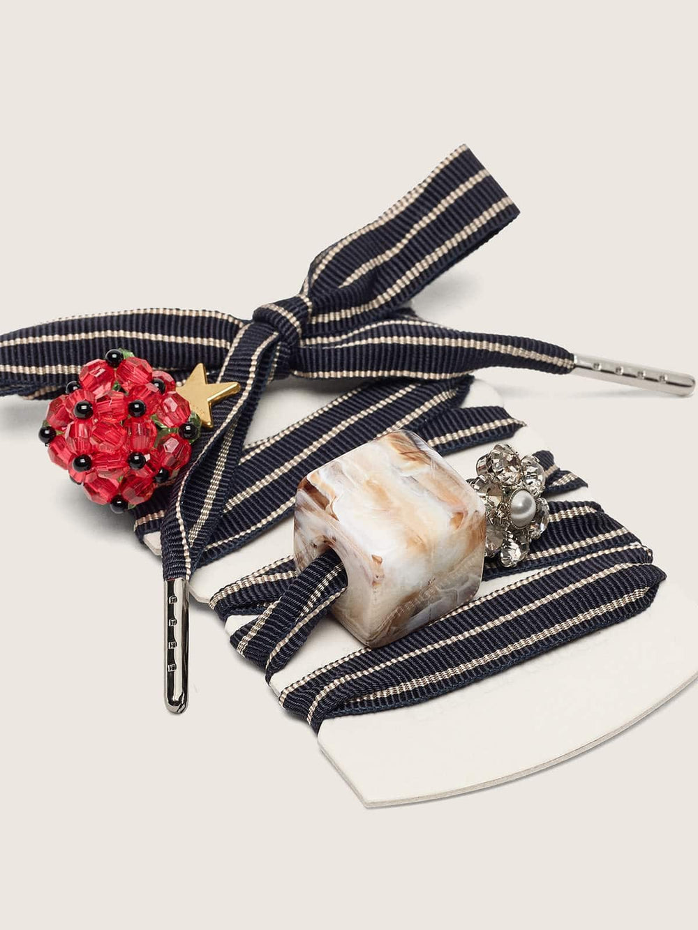 Golden Goose Skins blue and beige striped laces with raspberry, stone and crystal charms