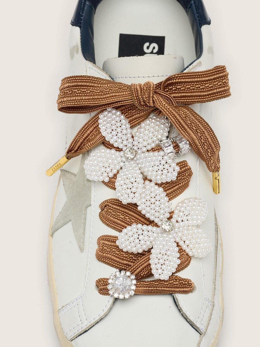 Golden Goose Skins burgundy and peach striped laces with beaded and crystal charms