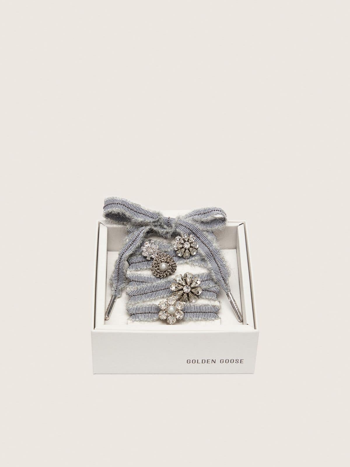 Golden Goose Skins gray laces with mohair trim and crystal charms