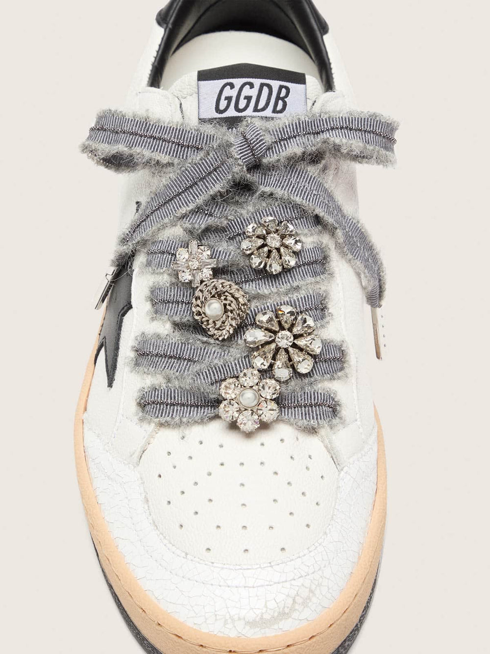 Golden Goose Skins gray laces with mohair trim and crystal charms