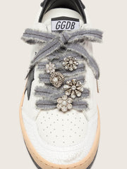 Golden Goose Skins gray laces with mohair trim and crystal charms