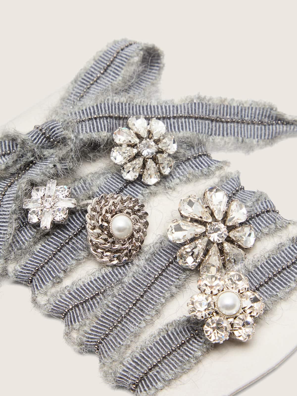 Golden Goose Skins gray laces with mohair trim and crystal charms