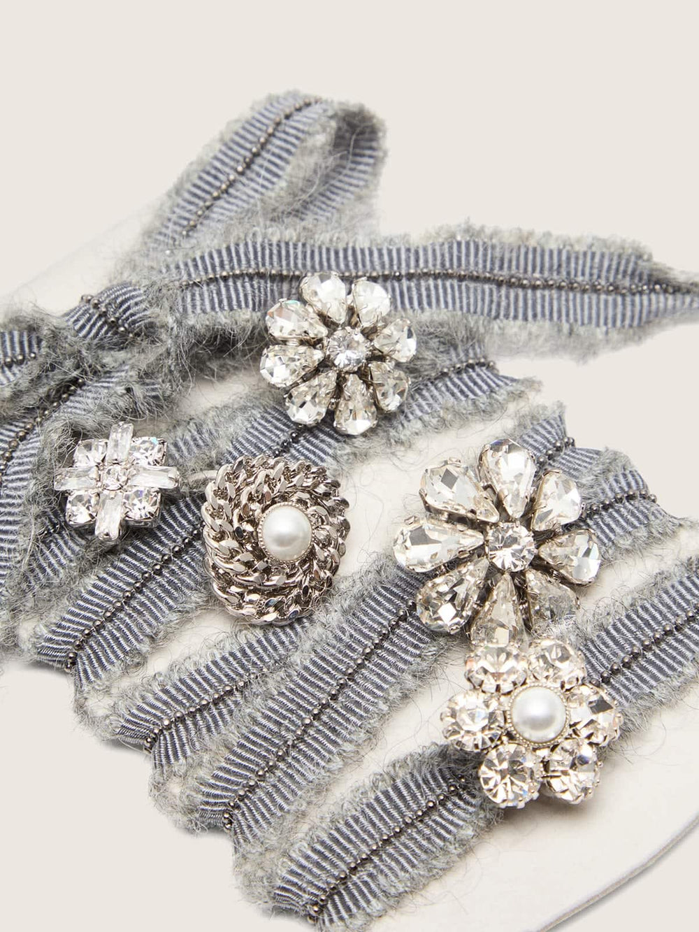 Golden Goose Skins gray laces with mohair trim and crystal charms