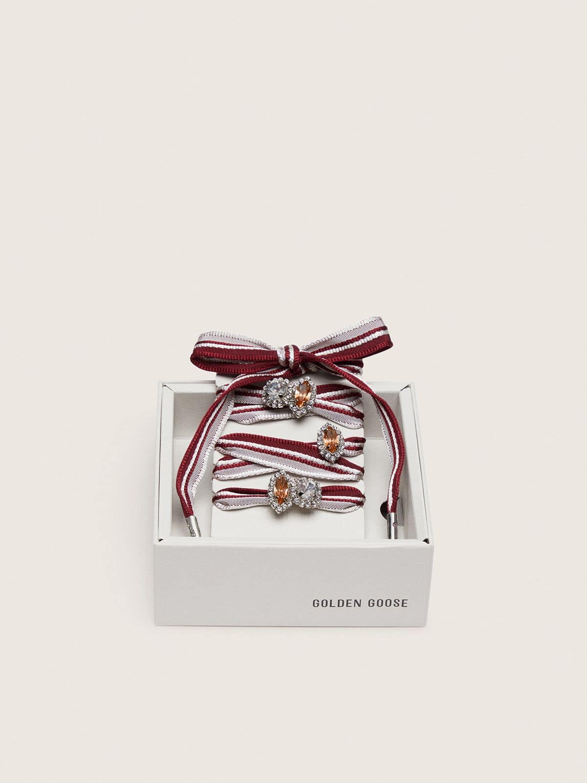 Golden Goose Skins white and burgundy striped laces embellished with charms