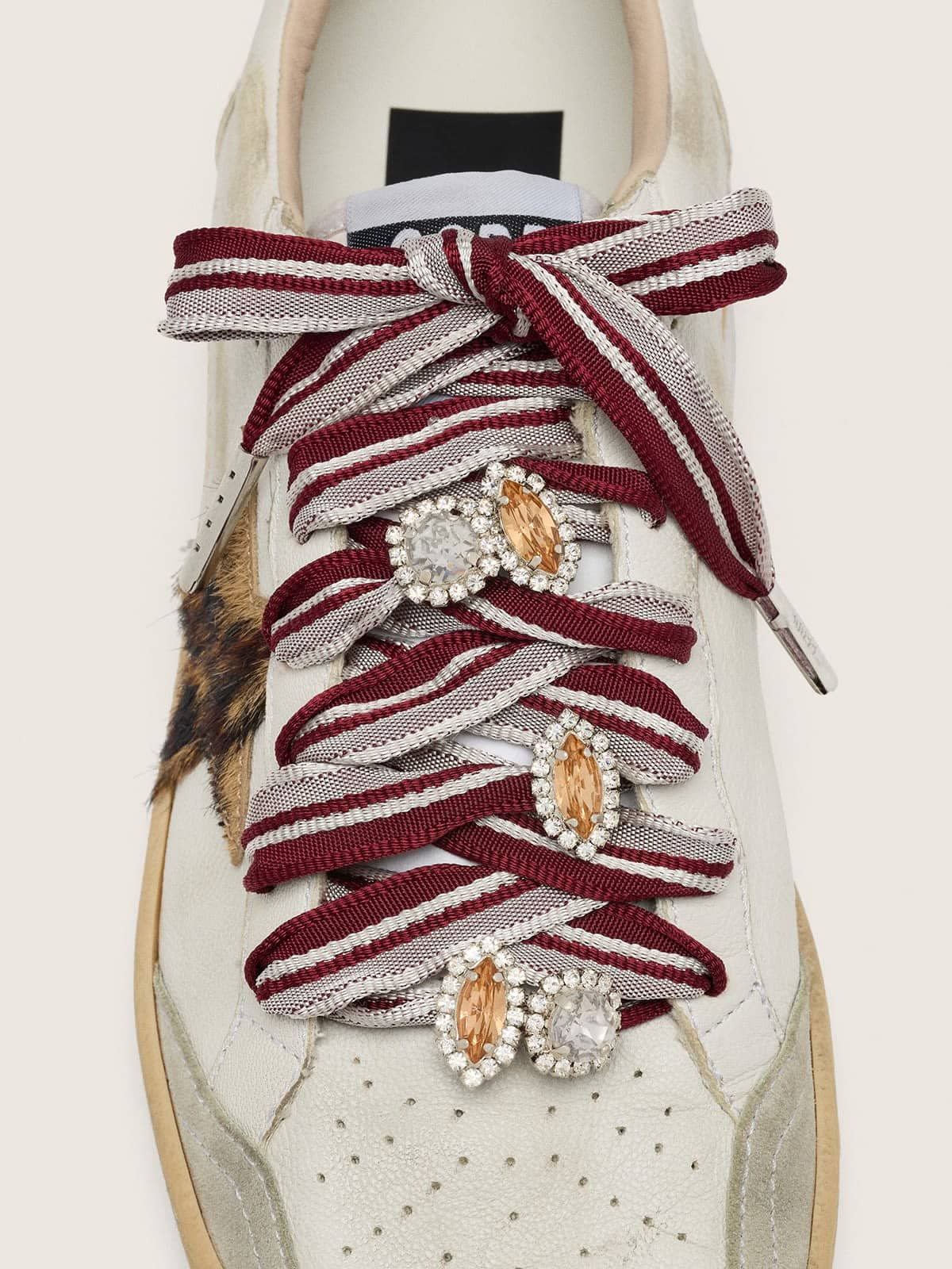 Golden Goose Skins white and burgundy striped laces embellished with charms