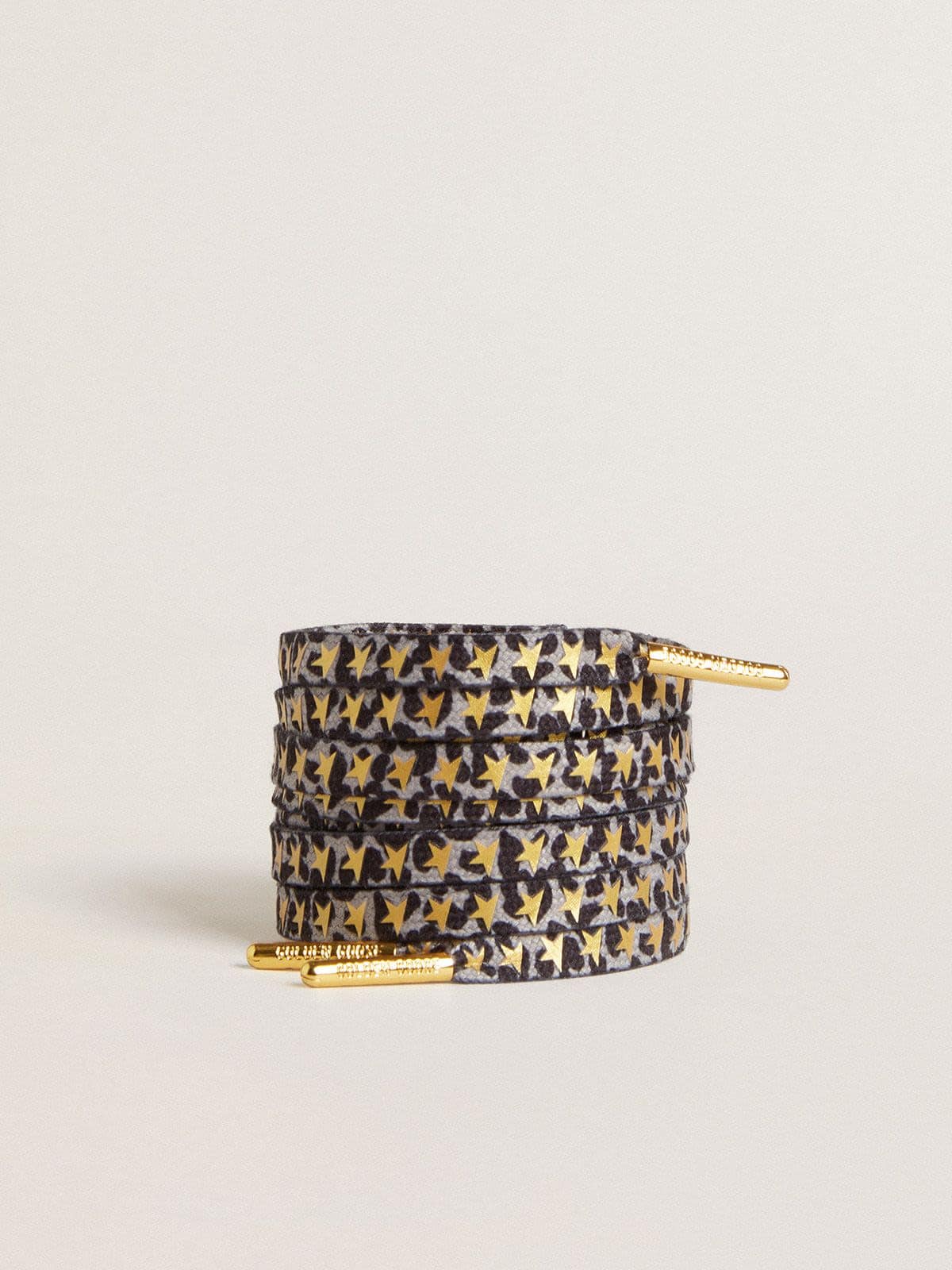 Golden Goose Laces with gray and black animal print with contrasting gold stars