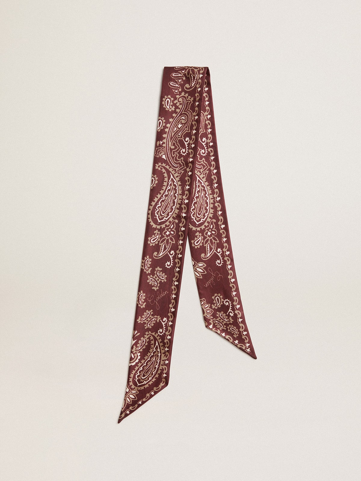 Golden Goose Ribbon in burgundy silk twill with paisley pattern