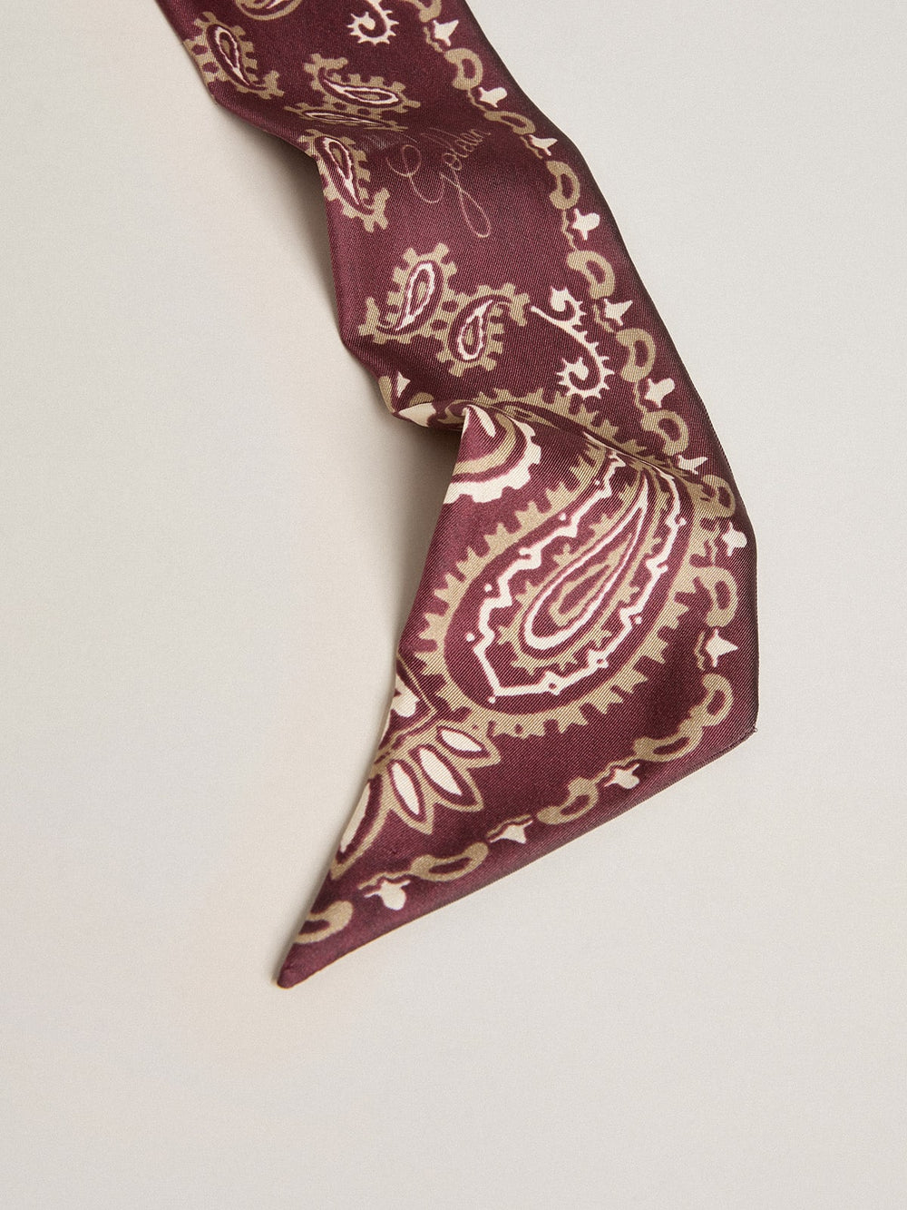 Golden Goose Ribbon in burgundy silk twill with paisley pattern