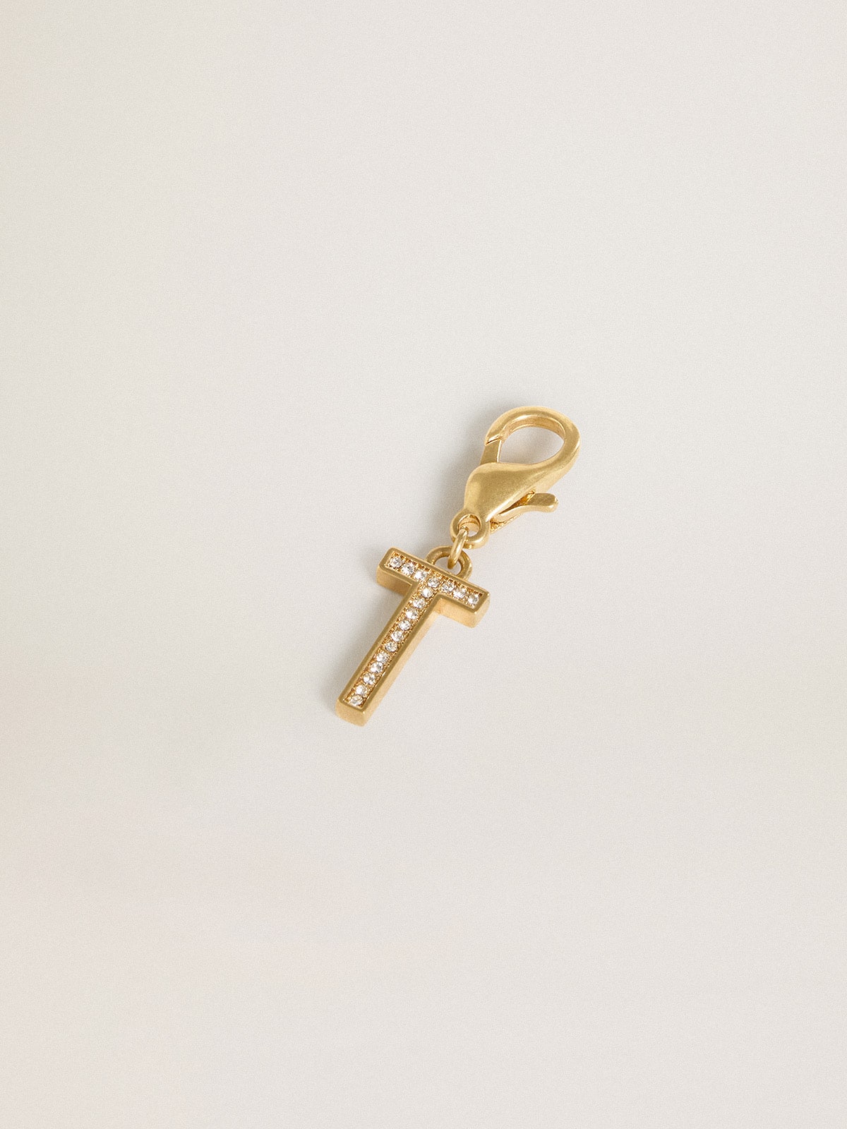 Golden Goose Letter T charm in gold-colored brass with crystals