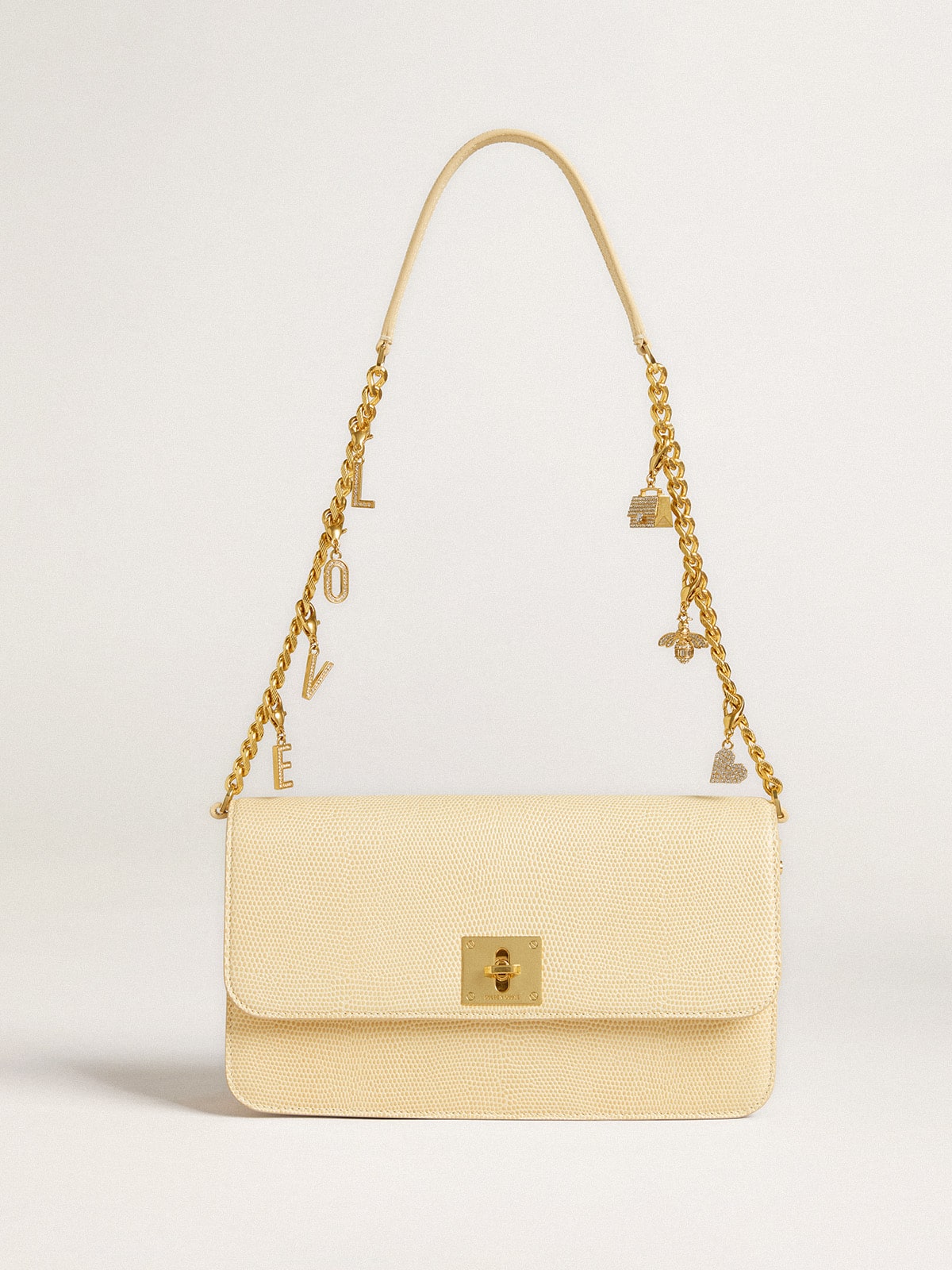 Golden Goose Letter V charm in gold-colored brass with crystals