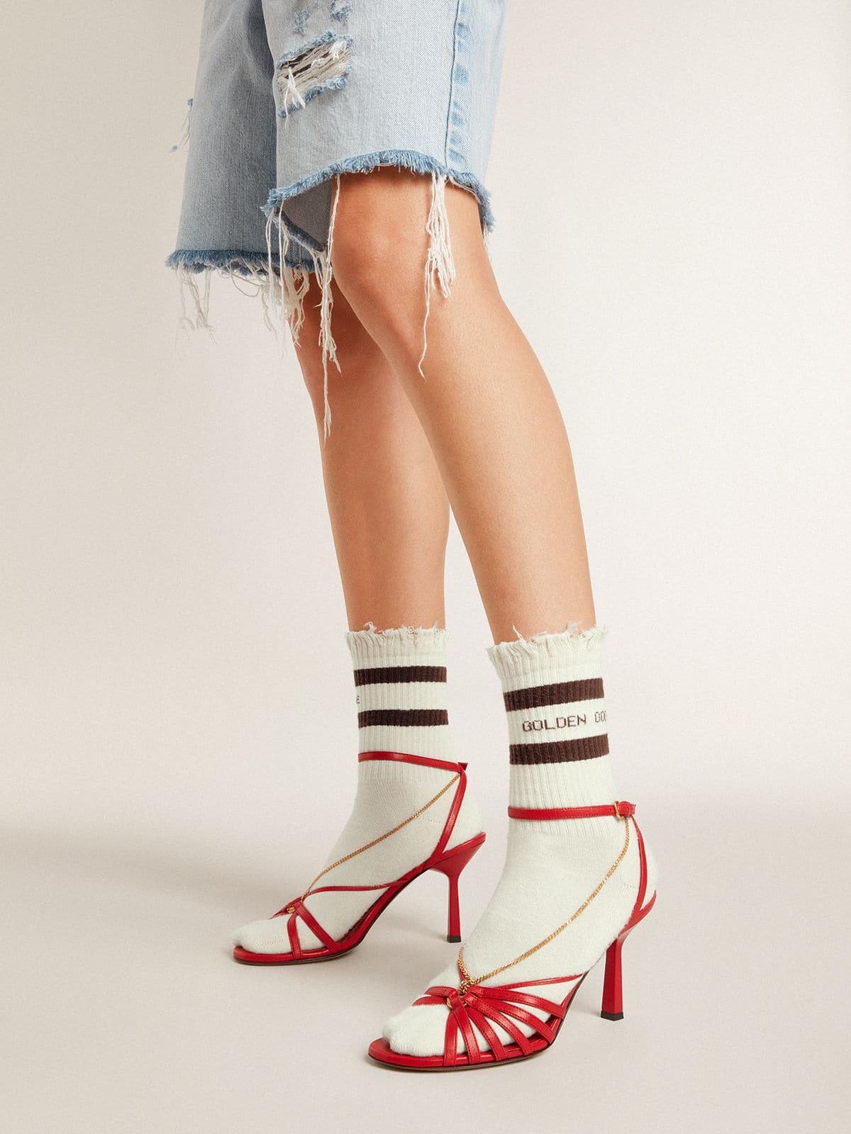 Golden Goose Worn-white socks with distressed details and brown stripes
