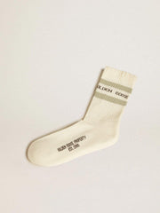 Golden Goose Worn-white socks with distressed details and sage-green stripes