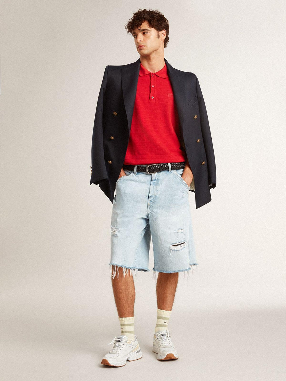 Golden Goose Worn-white socks with distressed details and sage-green stripes