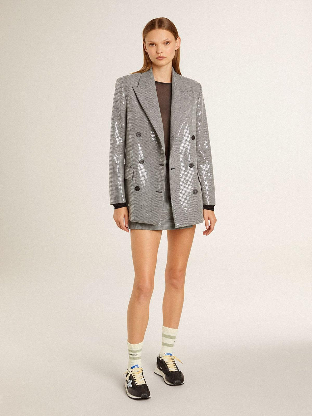 Golden Goose Worn-white socks with distressed details and sage-green stripes